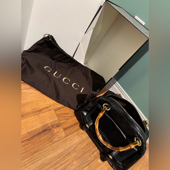 Auth Gucci bamboo leather Guccissima monogram Boston flap pocket handbag vintage - Picture 7 of 9